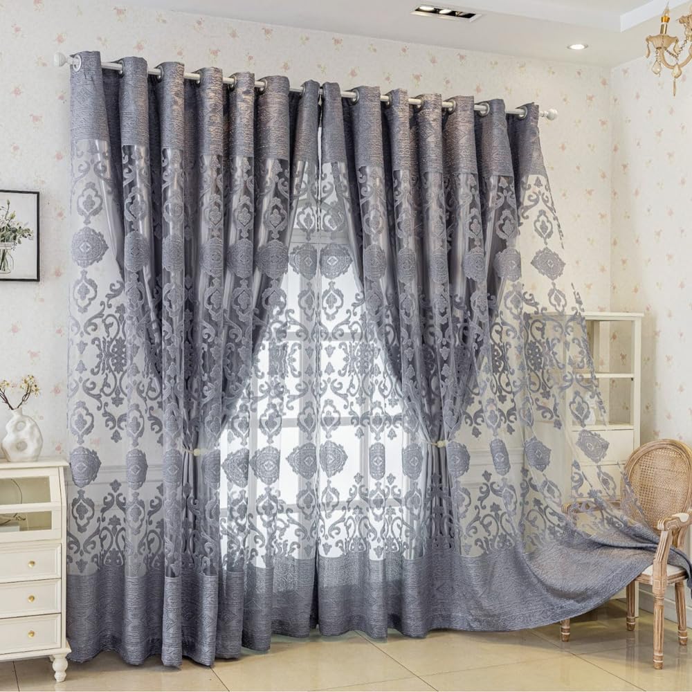 Amidoudou 1 Pair Luxury Double Layered European High-Blackout Curtains Embroidered Curtains for Living Room Bedroom Balcony (Gray,72x96 Inch)