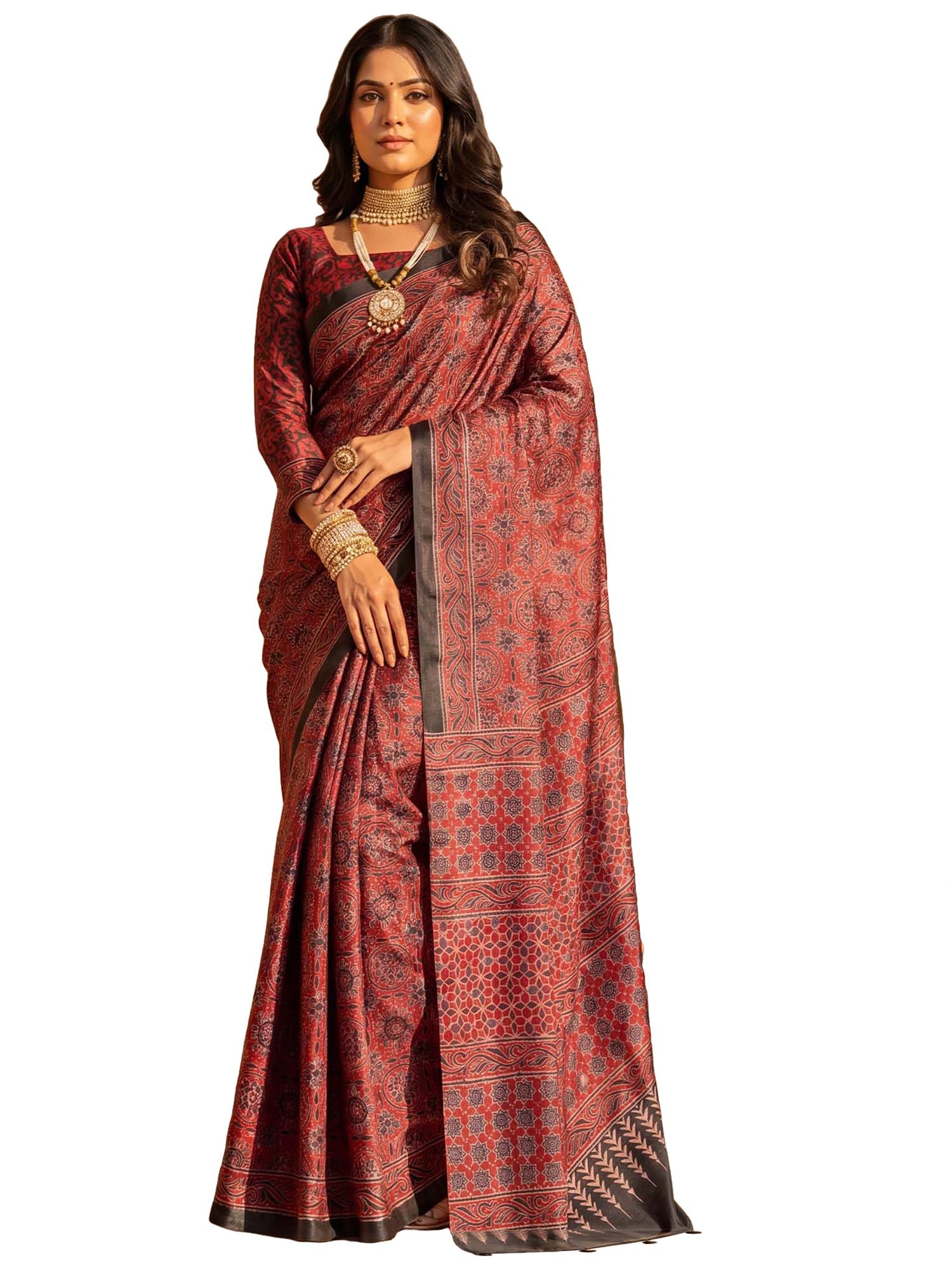 akhilam Women's Maroon Crepe Ajrak Print Saree With Unstitched Blouse Piece|Tassels and Latkans Work|crepe saree for women|ajrakh modal silk saree for women (KISHORI103_GT)-picture-11