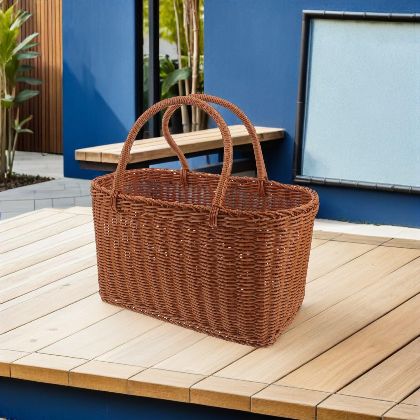 Panier Tissé Imitation Rotin Léger et Solide Cabas Paille pour Cueillette Rangement Légumes et Fruits Panier de Pique- Campagne Pratique et Portable