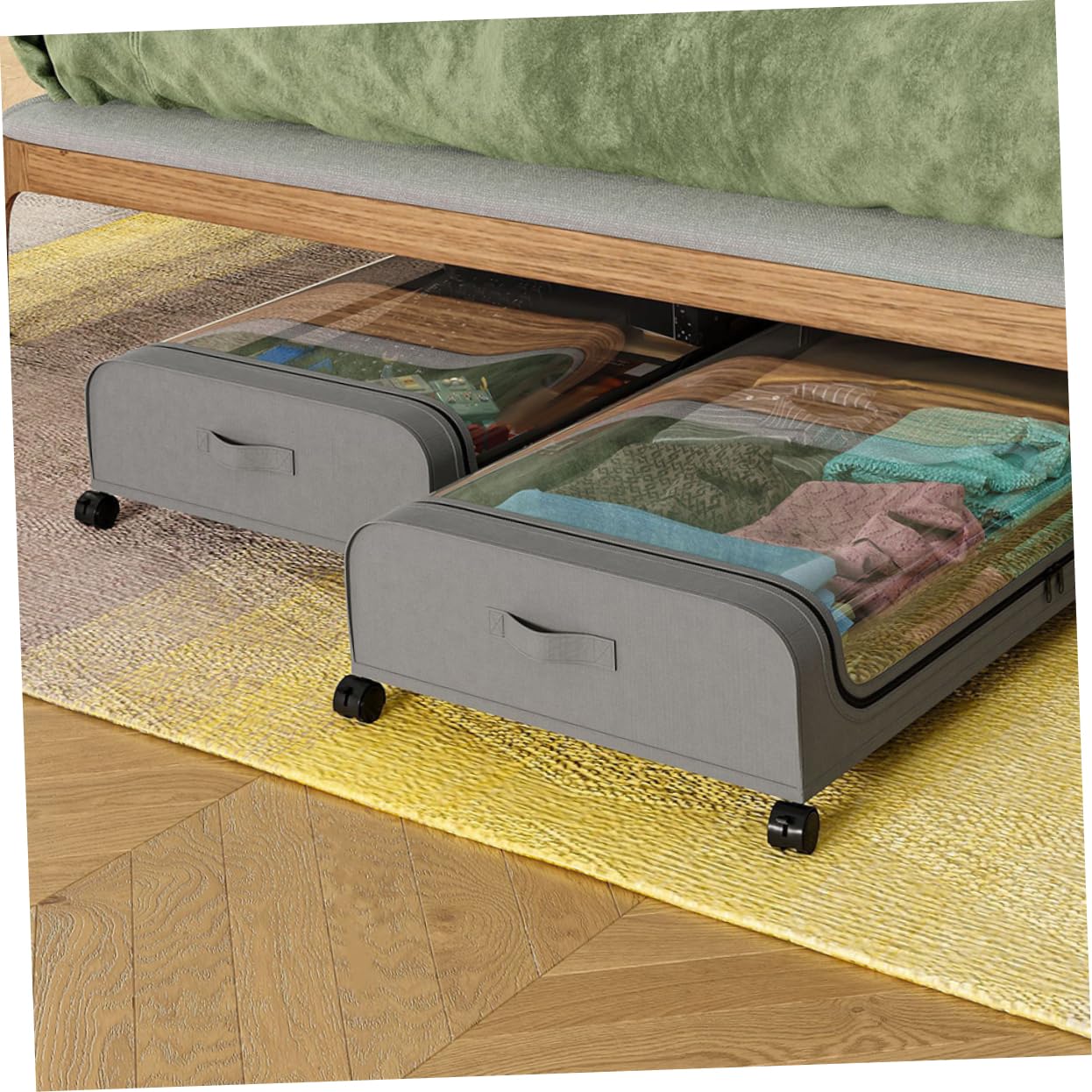 Unterbett Aufbewahrungsbox mit Rollen, Faltbar, Grau, Transparent