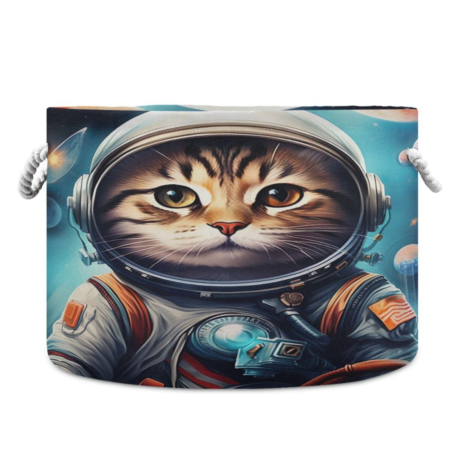 Round Space Astronaut Cat Funny Storage Basket Large Organizer Bin Laundry Hamper Toy Storage Basket with Handle for Nursery Clothes Toys 202b4755