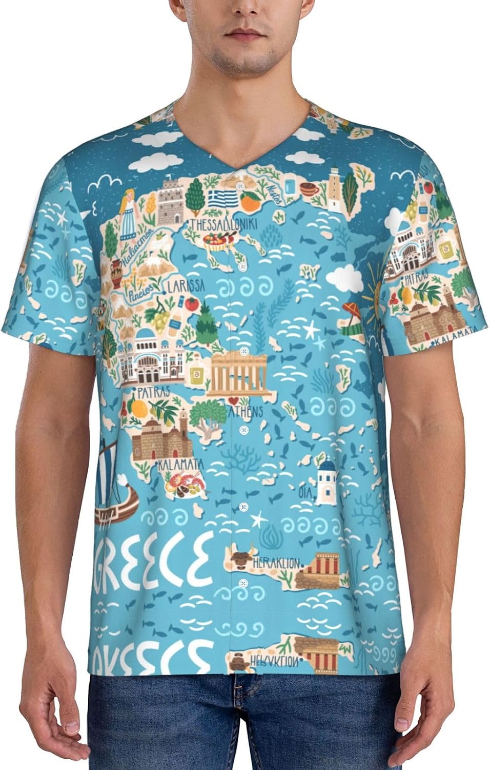 Greece Map Stylish Softball Jersey,Personalized and Breathable Baseball Button Down for Men for All Seasons and Occasions