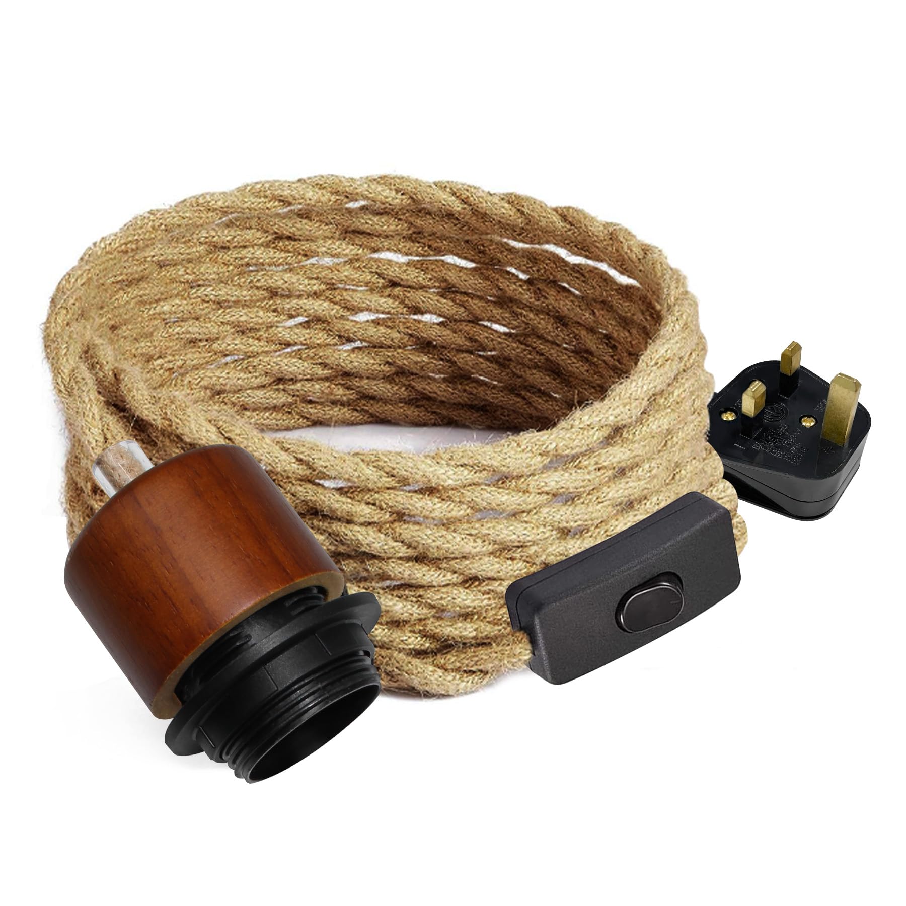 Hemp Rope Plug-In Pendant Light – 5M Cable With Switch, E27 Socket, Indoor Hanging Light Kit For Retro, Industrial, DIY Lampshades