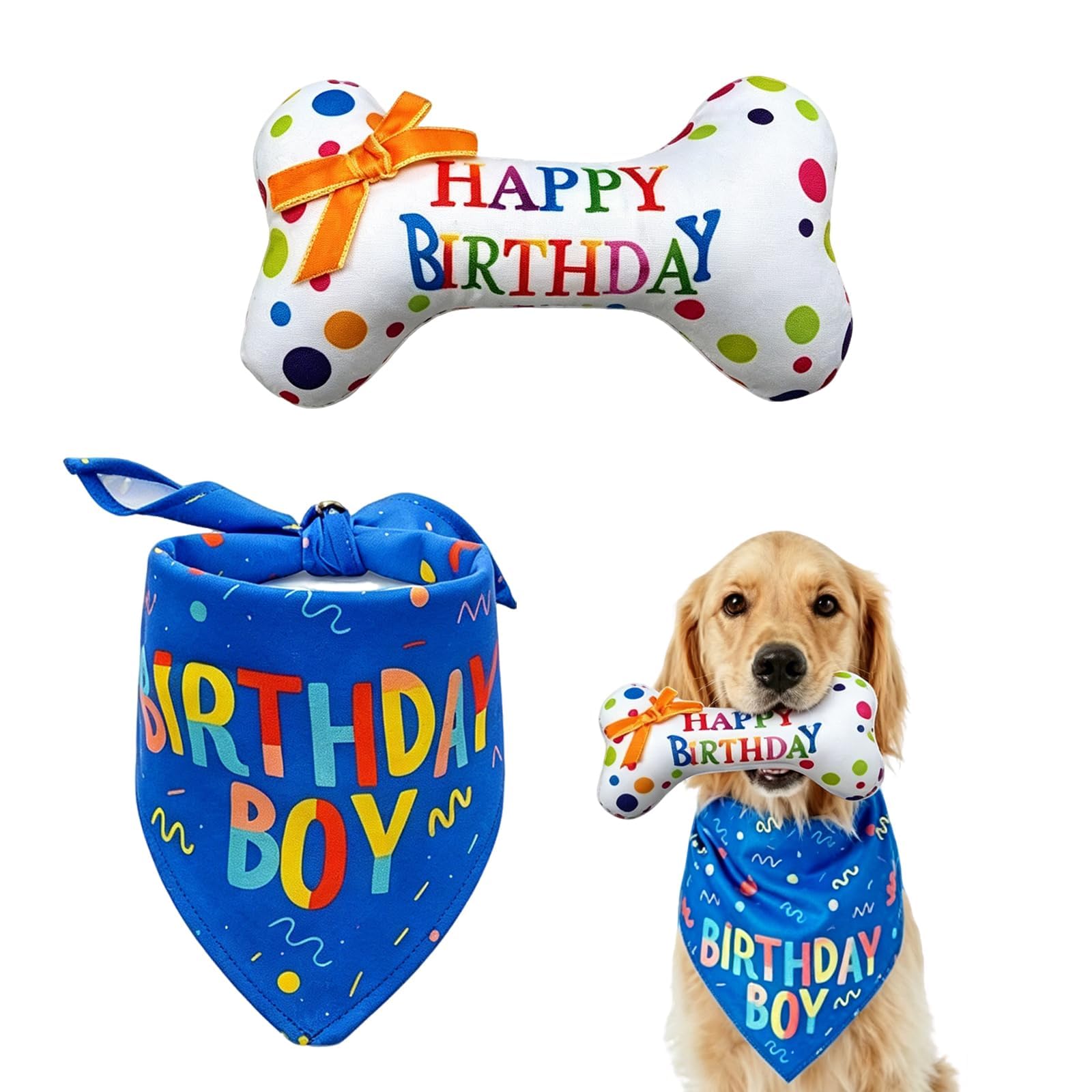 Noirwwe Dog Birthday Set, 2 Pcs Blue Bandana and Squeaky Bone Toy Gift