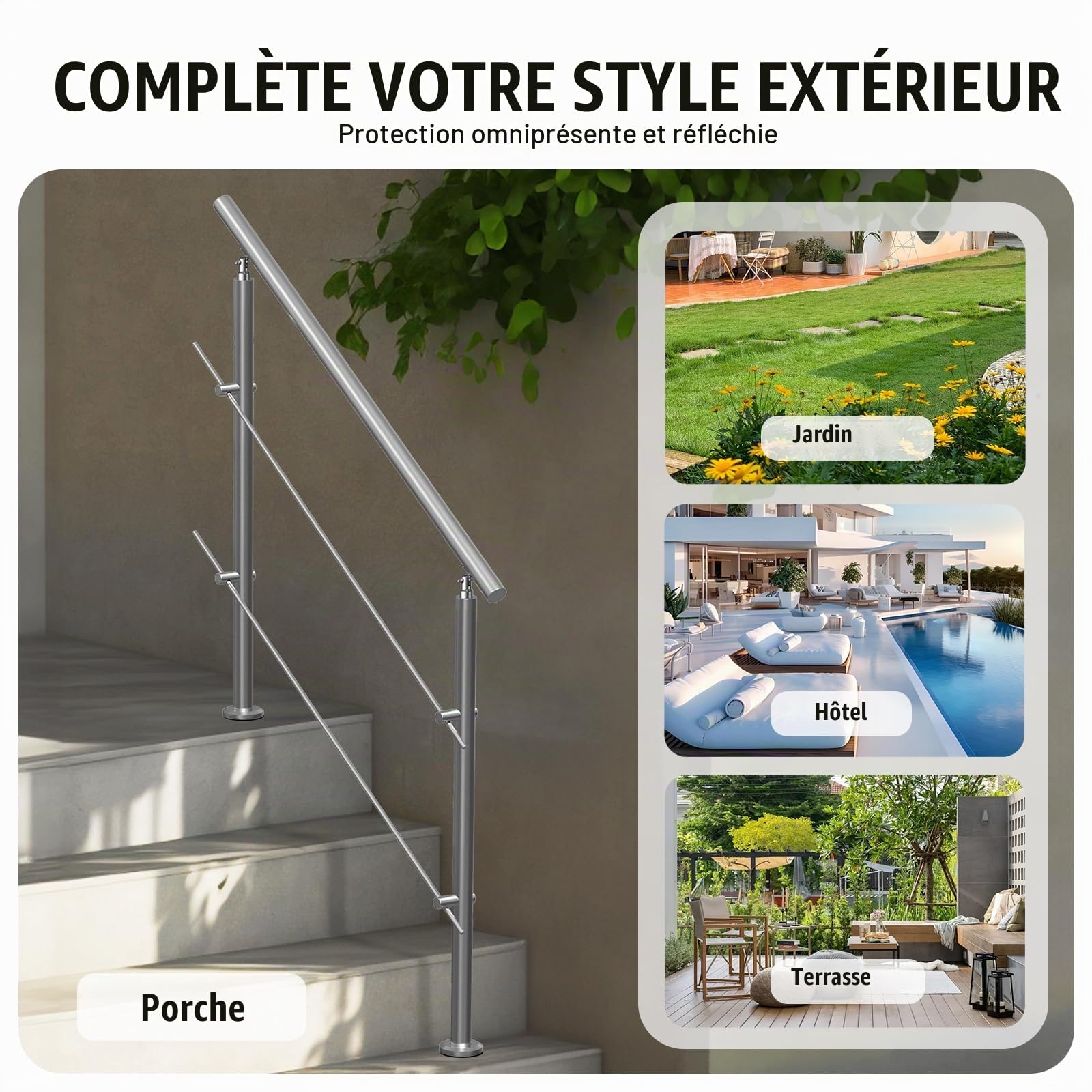 VEVOR Rampe d'Escalier, 120 cm, Main Courante Escalier pour Marches Extérieur Acier Inox, 2 Barres Transversales, Kit d'Installation, Garde Corps Double Colonne pour Personnes Âgées, Porche, Terrasse