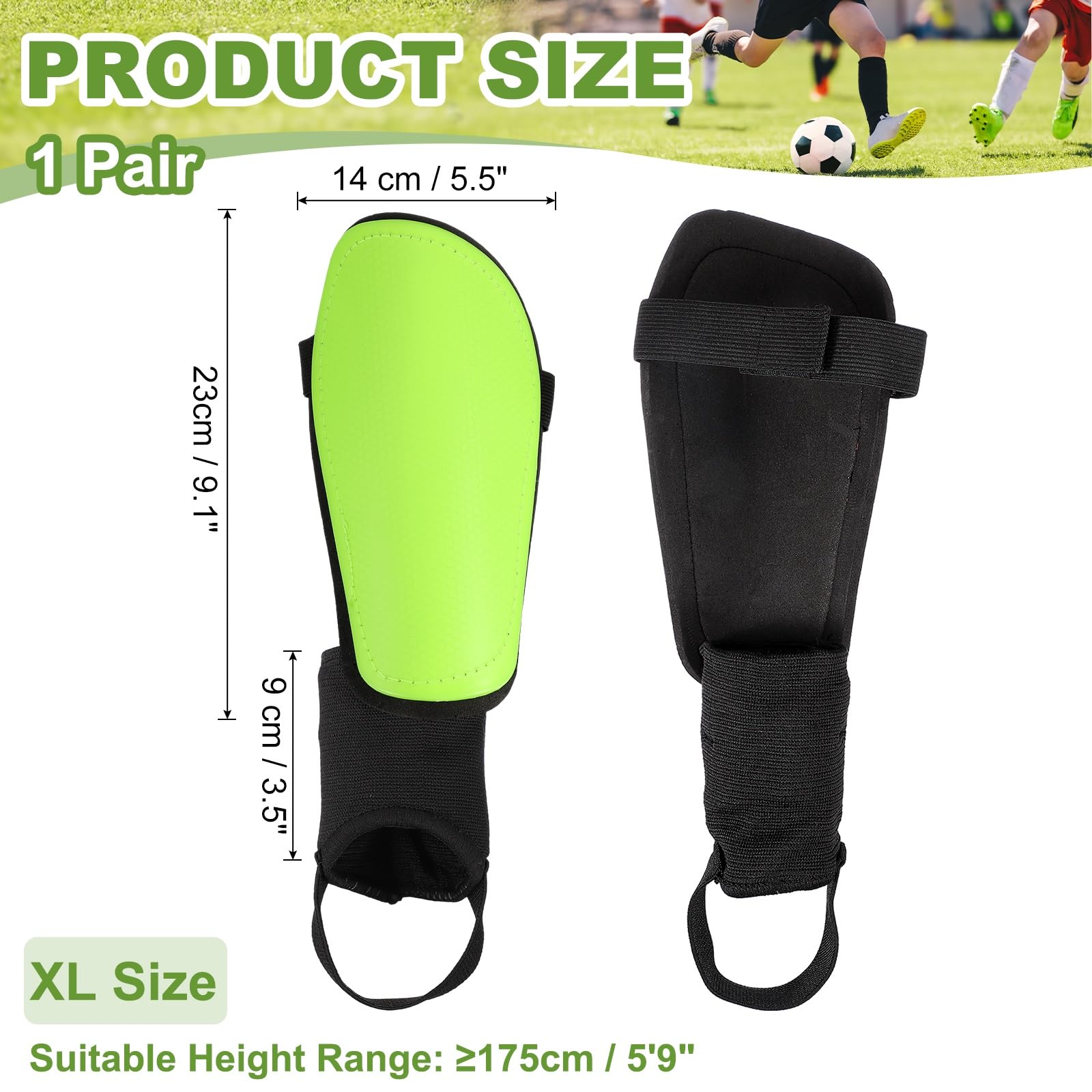 Espinilleras de fútbol, almohadillas de EVA con protección para el tobillo, aptas para adultos jóvenes, mujeres y hombres, entrenamiento, tamaño XL y verde fluorescente