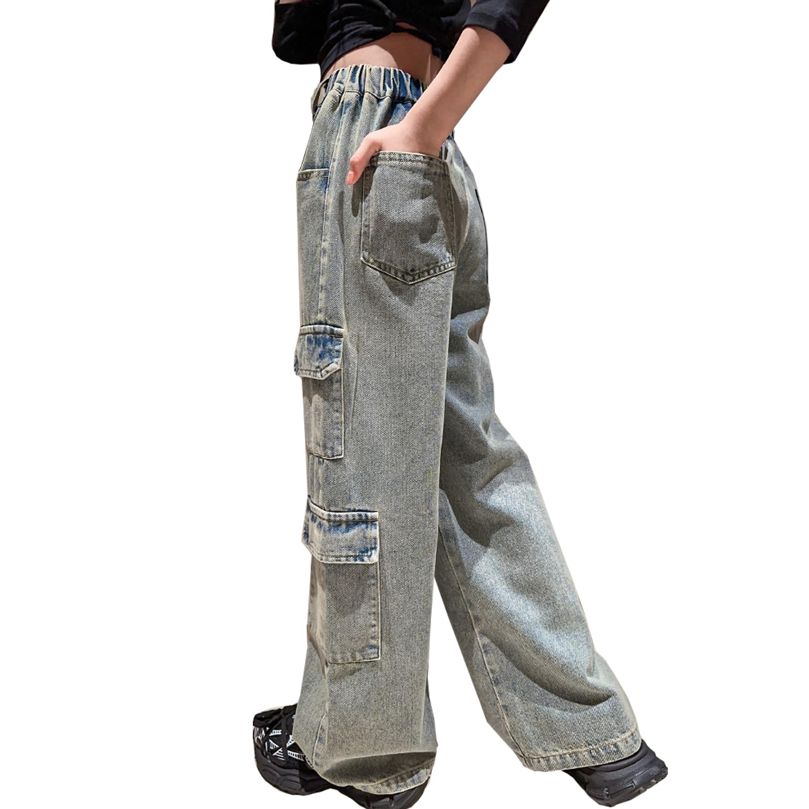 Pantalones de mezclilla para niñas de 4 a 14 años, estilo cargo, rasgados, desgastados, cintura elástica, pantalones holgados