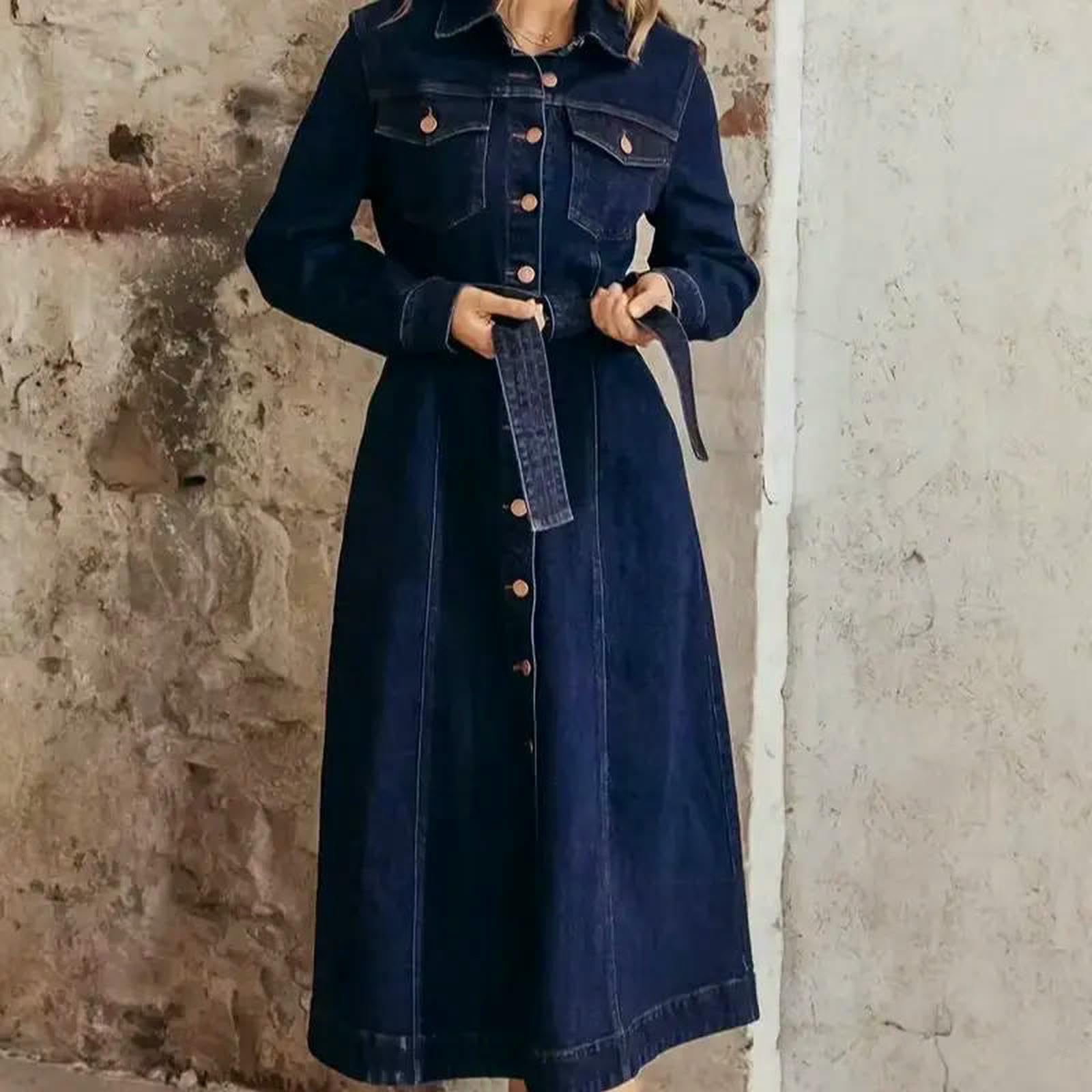Vestito Elegante Abito da Donna in Denim con Cintura, Manica Lunga Pulsante Anteriore Midi Casual per Ufficio E Giornaliero-nz-008blue-s
