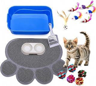 Kitten Litter Box Starter Kit with Mat, All-in-One Starter Kit for Kittens & Small Cats, Anti-Tracking Litter Mat, Easy Clean, Includes Scoop & Toys, Compact Size (GreyScoop)