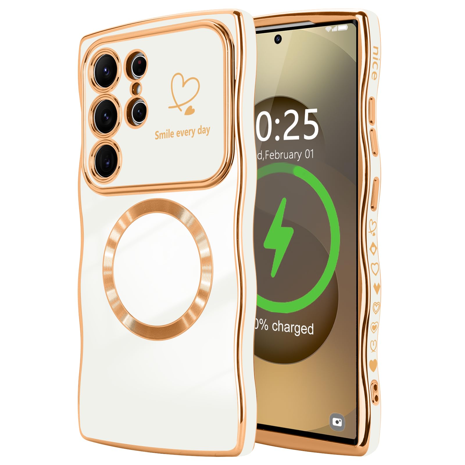 LCHULLE for Samsung Galaxy S25 Ultra Case for Women Girls [Compatible with MagSafe] Cute Curly Wave Shape, Magnetic Love Heart Pattern with Camera