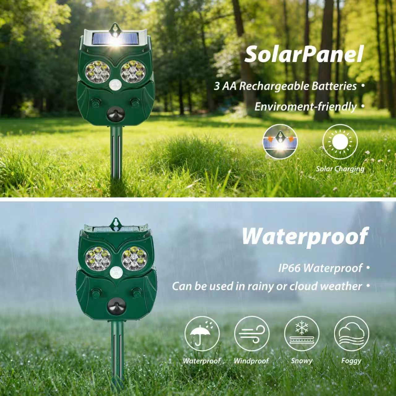 2026 Owl Solar Repellent with Motion Sensor & Triple System (Ultrasonic, LED, Sound) – Safe Outdoor Pest Control for Garden, Yard – Deters Moles, Skunks