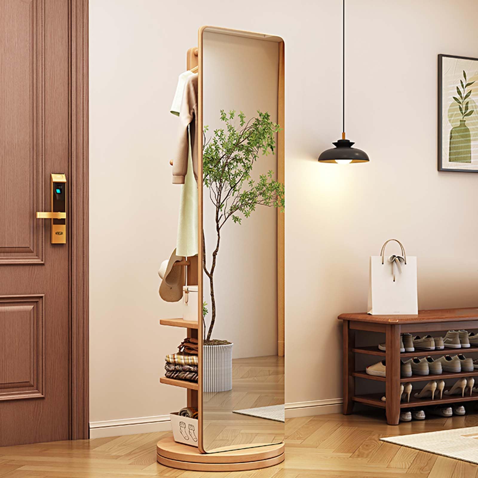 Generisch Espejo de cuerpo entero con perchero, giratorio 360°, de madera maciza con compartimento, 2 en 1, moderno espejo de cuerpo entero, espejo de suelo para salón (natural)