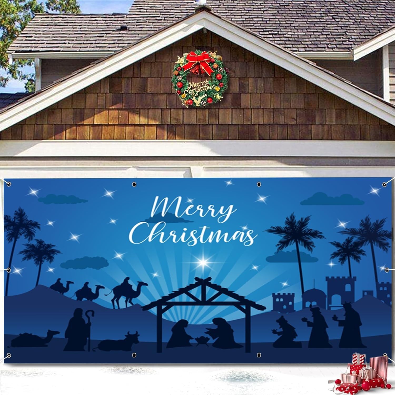 OERJU Christmas Garage Door Banner Cover Mural Merry Christmas Nativity Scene Garage Door Backdrop Winter Holiday Xmas Eve Party Decorations Supplies Indoor Outdoor Wall Decor 6x13ft