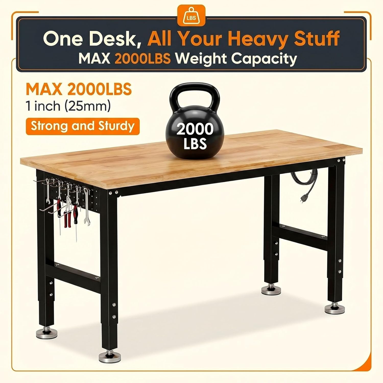 TLGREEN 48" Adjustable Work Bench with Power Outlet, Rubber Wood Top Work Table, Heavy Duty Work Bench, 2000 LBS Capacity, Workbench with Pegboard, Hooks, Garage Workbench for Workshop,Home,Office