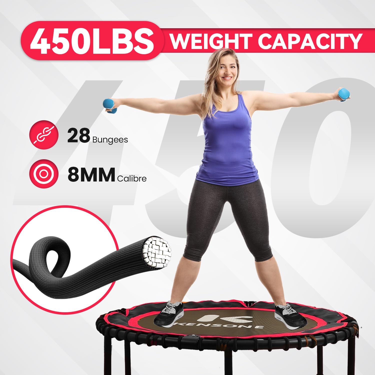 K KENSONE 40/48 Zoll Faltbares Rebounder Trampolin für Erwachsene mit Bungee, 450/250 kg leises Indoor-Mini-Trampolin für Erwachsene, Fitness, Fitnessstudio, Heimübung