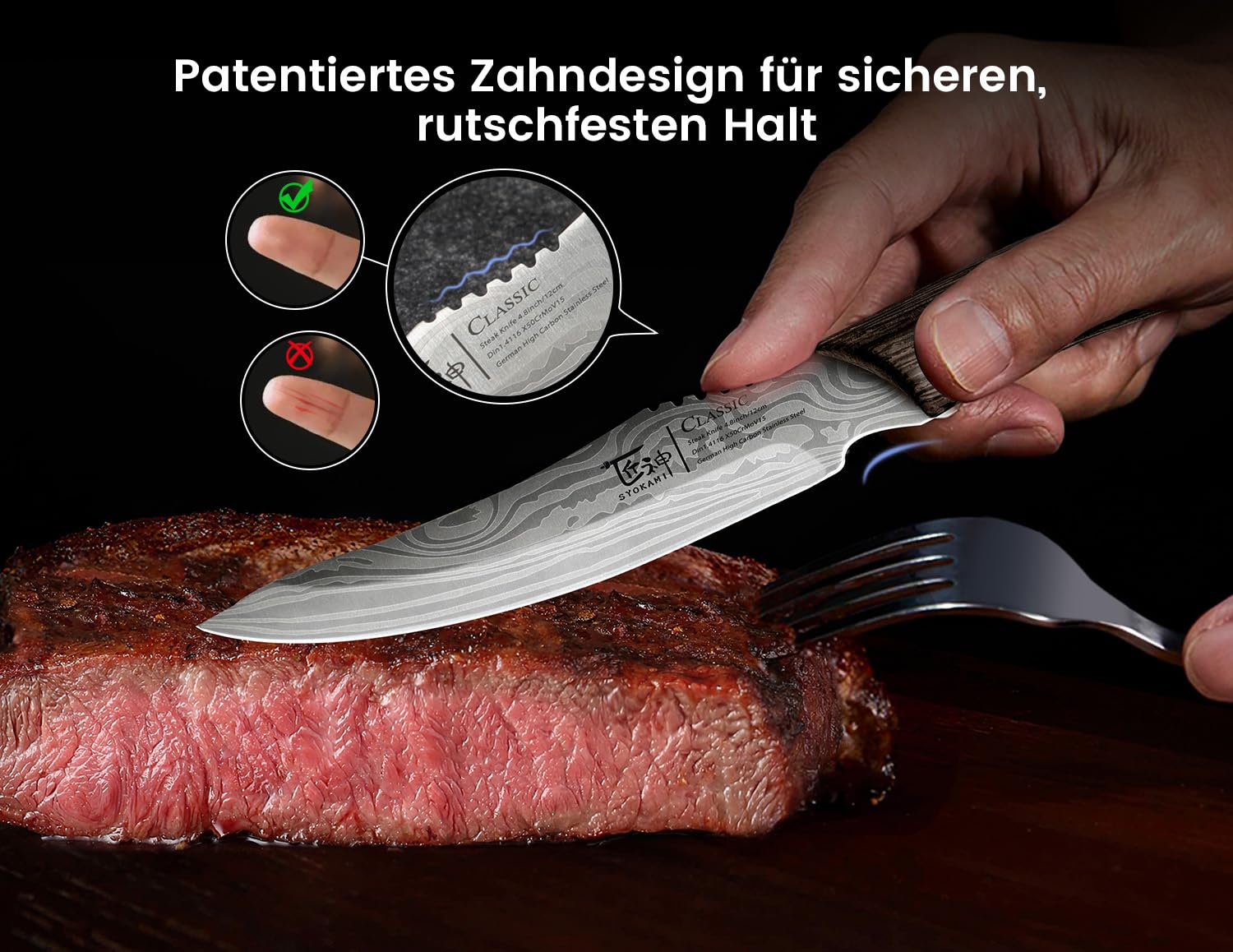 SYOKAMI Steakmesser Set 6 Teilig, 12,2cm Glattes Steakmesseraus japanischem Edelstahl mit hohem Kohlenstoffgehalt und Holzgriff, Damastmuster, Full-Tang-Design, Haarscharf