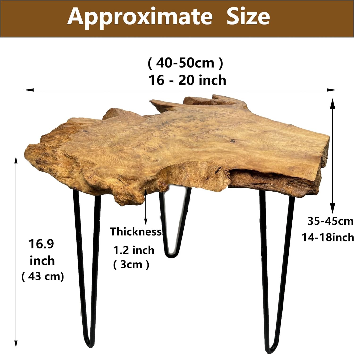 live edge coffee table, natural fir wood coffee table for living room 18" w x 17" d x 17" h, unique side table with sturdy metal hairpin legs & easy assembly (medium)