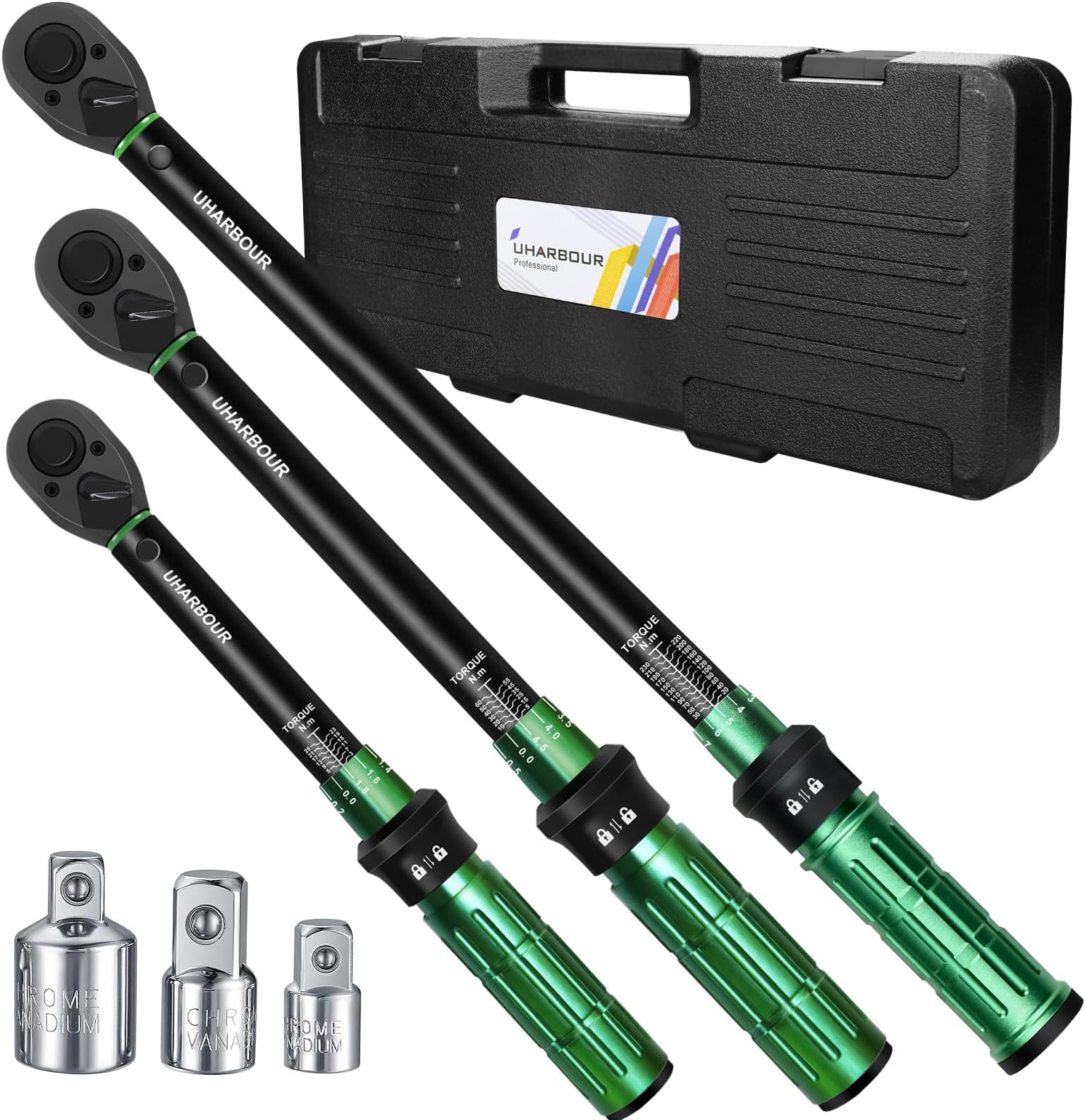 Torque Wrench Set – 1/4" (3-25 Nm), 3/8" (5-60 Nm), 1/2" (20-230 Nm) for Car, Motorcycle & Bicycle, with 3 Adapters, Dual-Directional Adjustable 72-Tooth Ratchet, ±3% Accuracy
