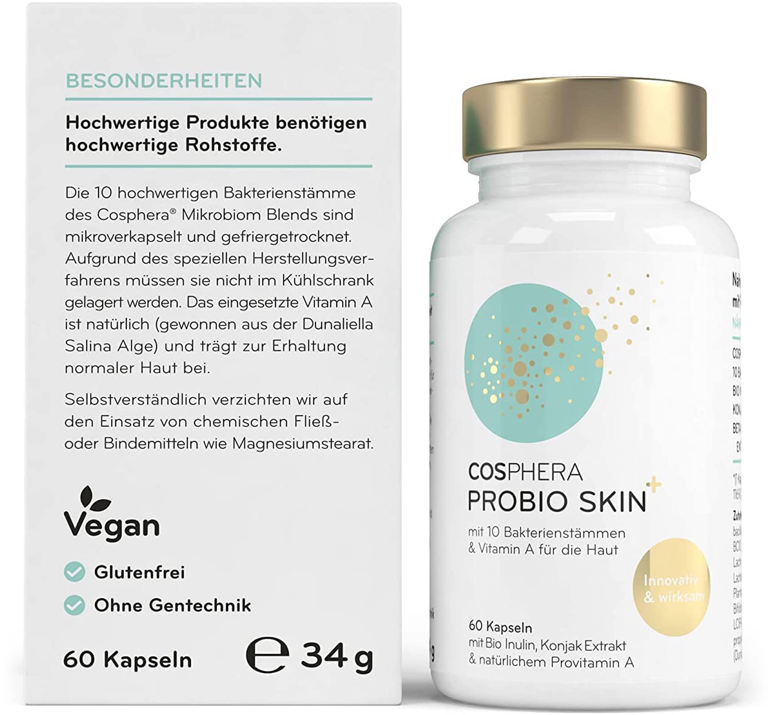 Probio Skin Kapseln Hochdosiertes Probiotikum Vegan I Probiotika & Präbiotika - Angereichert mit Bio Inulin, Vitamin A und Konjak Wurzelextrakt - 60 Kapseln