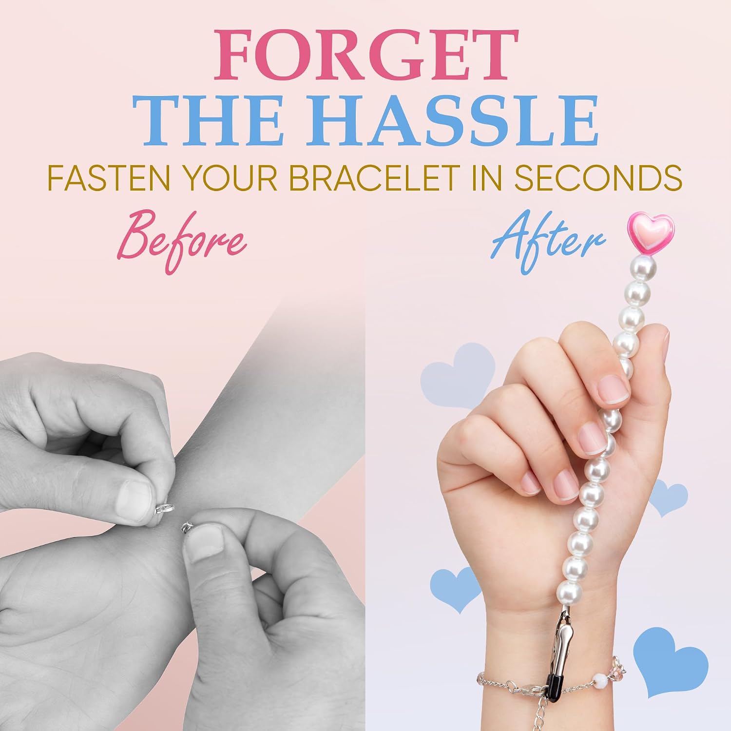 CraftyCrocodile Bracelet Helper Tool with Heart - Fastener Helper Tool for Bracelet, Necklace, Jewelry, Watch - Clip, Clasp Helper - Easy to Put on Yourself, Portable - Pink with Light Pink