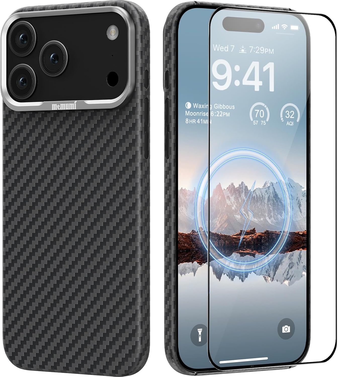 memumi Case for iPhone 17 Pro Aramid Fiber+Tempered Glass Screen Protector, Compatible with Mag Safe for iPhone 17 Pro Slim Case in Carbon Fiber Design, Black
