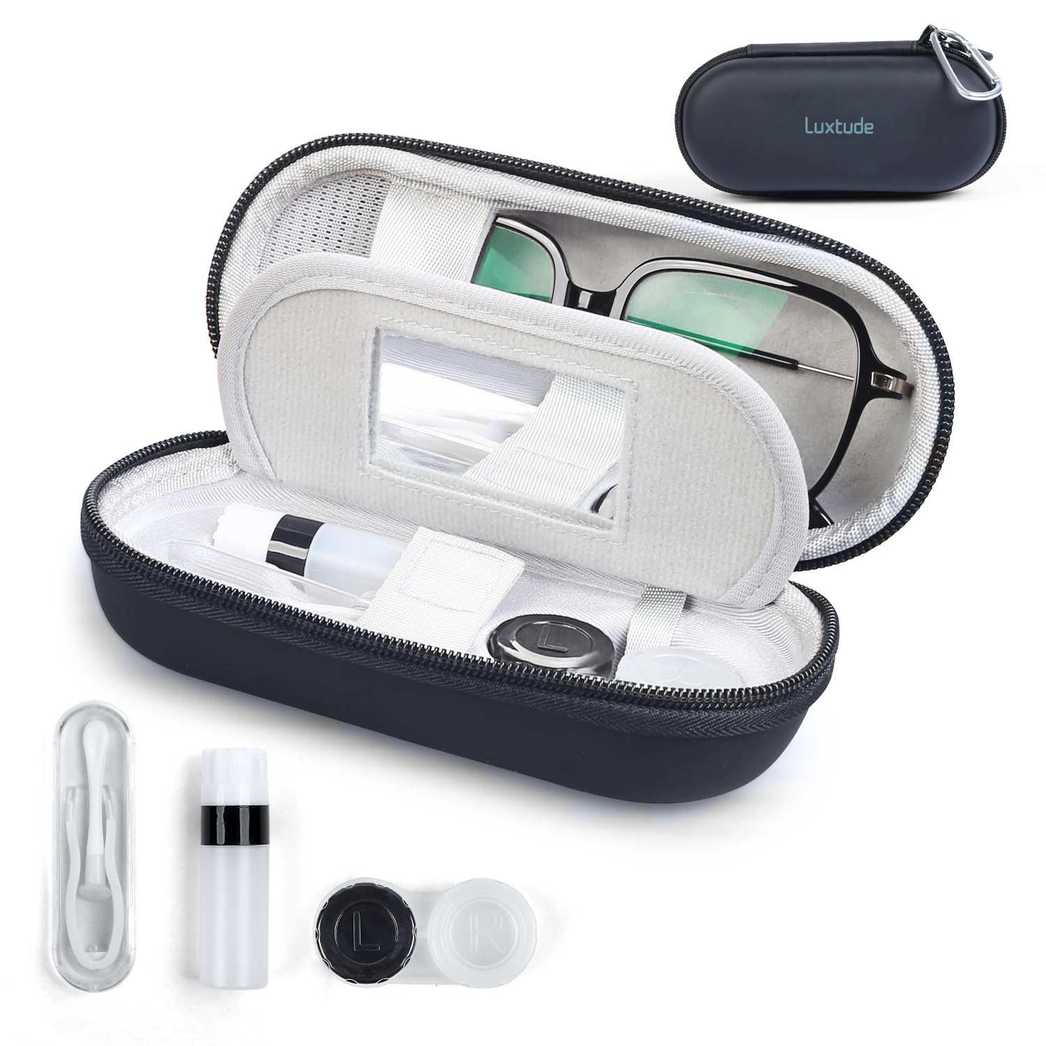 Luxtude Contact Lens Case Cute Glasses and Contact Case 2 in 1 Built-in Mirror Tweezers Contact Lense Solution