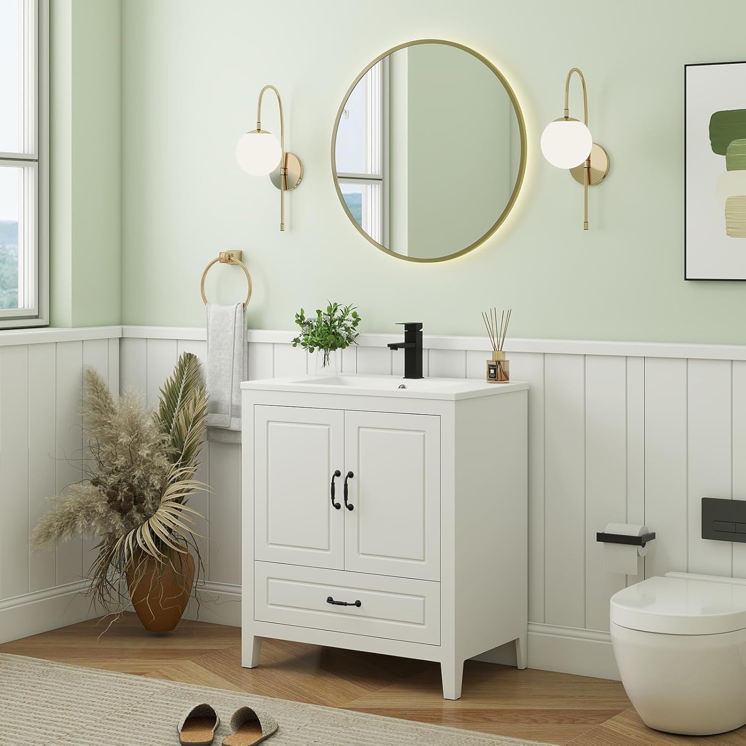 YOURLITE 30” Bathroom Vanity with Ceramic Sink, Painted Surface Freestanding Vanity Cabinet with 2 Soft-Close Doors, 1 Drawers,Matte Black Faucet Drain, Modern Bathroom Furniture