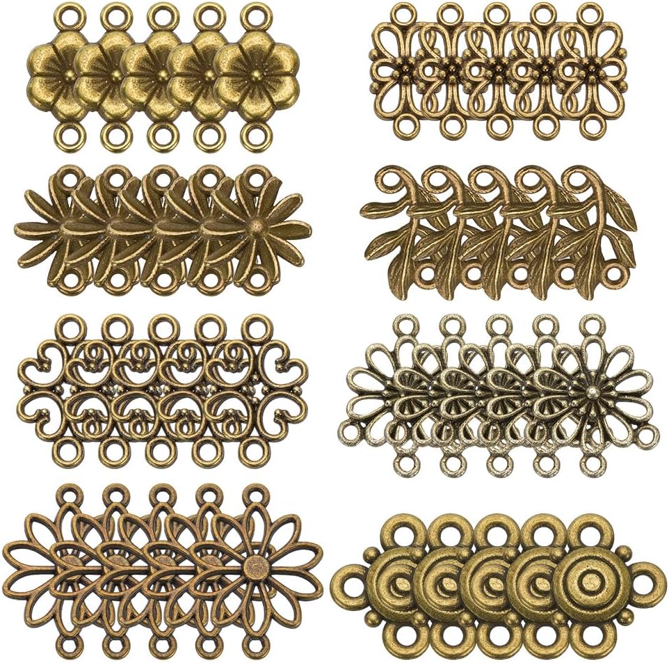 arricraft 80 Pcs Flower Connector Charms, 8 Styles Tibetan Floral Filigree Antique Bronze Flower Pendants Double Hole Connector for Summer Earring Necklace Bracelet Keychain Jewelry Making Craft Decorations