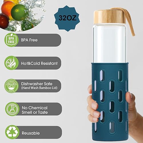 Miniatura 2 de Botellas de agua de vidrio de 32 onzas de borosilicato natural de boca ancha reutilizable con funda de silicona, lindas botellas de agua para