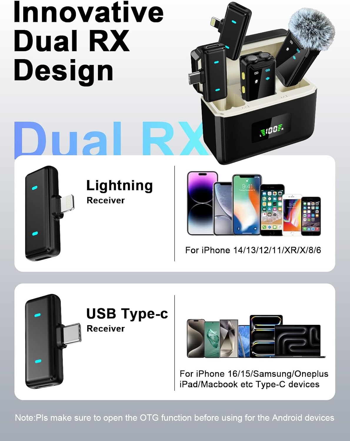 Mini Microphone for iPhone Android – Wireless Lavalier Mic(2TX+2RX+Charging Case) with Dual Mics Noise Cancelling, 48H Battery, 164FT Range for YouTube, TikTok, Vlogs, Interviews