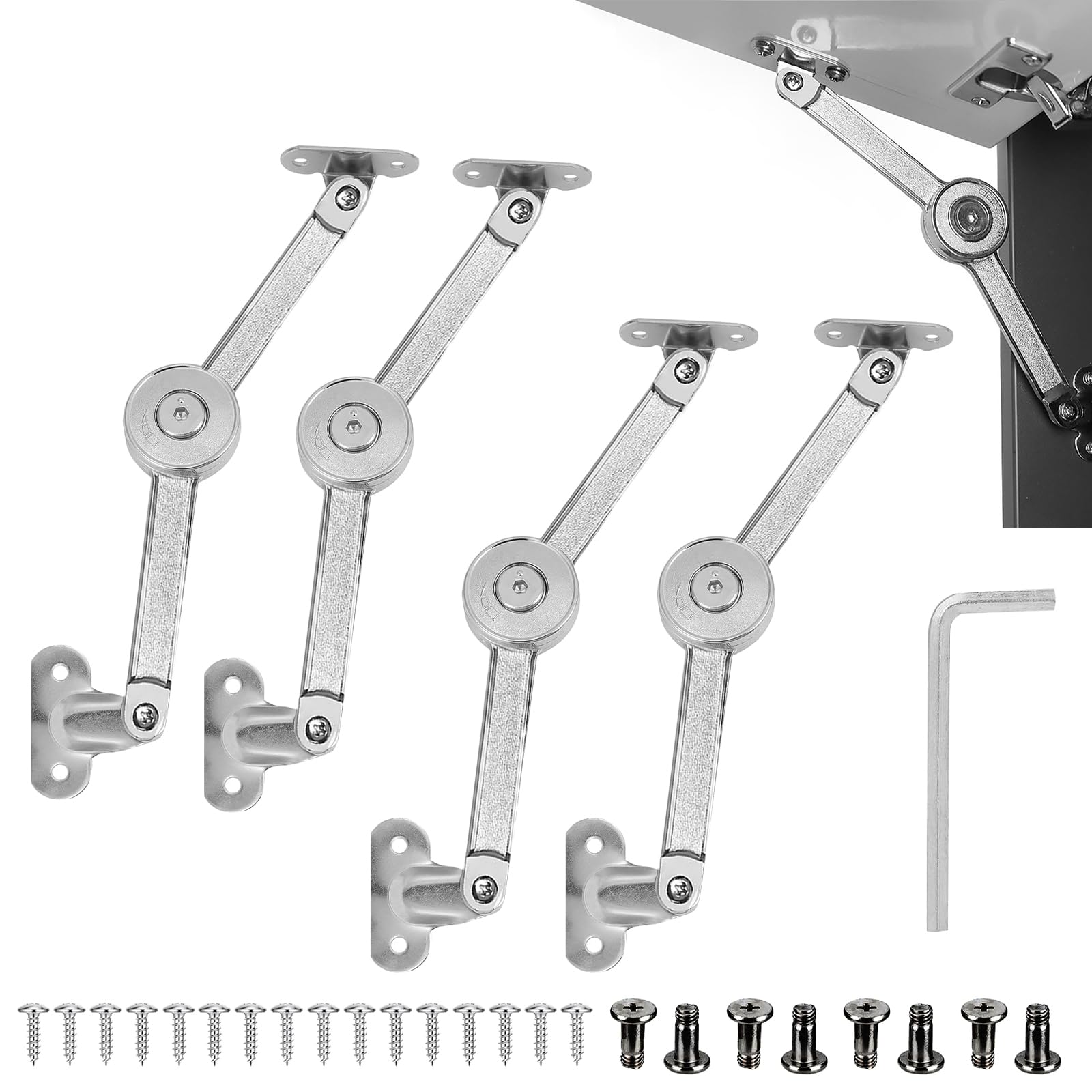 Snsygn Silver 4 Pack Lift Up Door Cabinet Hinges, Heavy Duty Lid Support Hinges Soft Close Lid Stay Hinge With Screws & Hex Key For Kitchen Door Cabinet Cupboard Wardrobe Box, Support Up To 20Kg