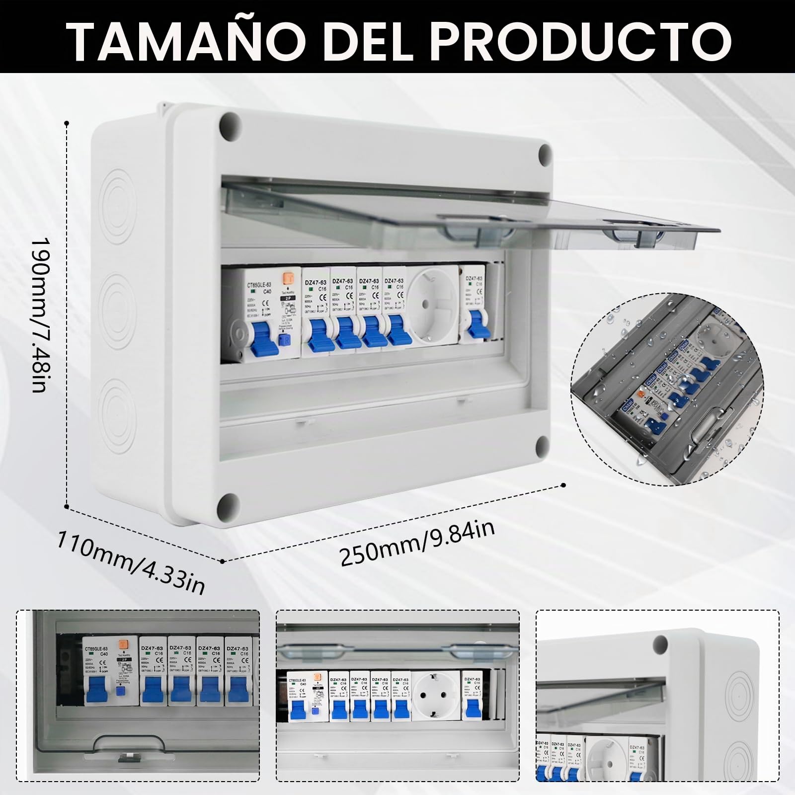 Caja Distribución Montada Superficie, Caja Fusibles Superficie Armario Distribución Ip65 Caja de Distribución Eléctrica con Disyuntor 230V FI 40A 2P y Toma de 16A Distribuidor de Corriente Fuerte