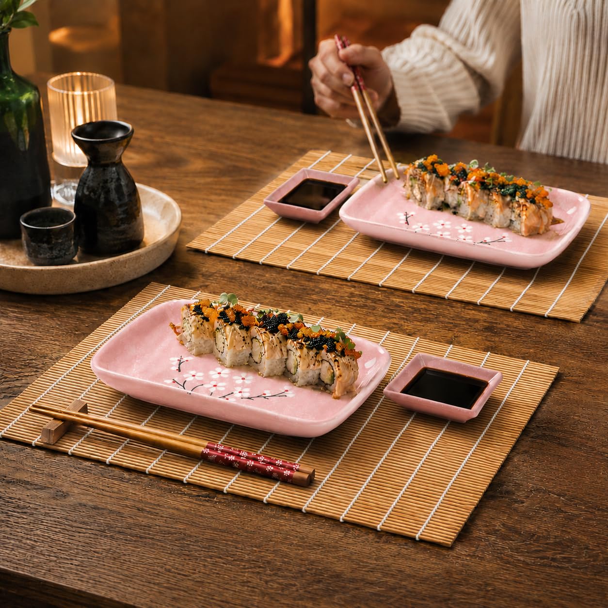 Exzact 10-teiliges Sushi-Set – 2 x Sushi-Teller, 2 x Dip-Schalen, 2 x Bambus-Tischsets, 2 x Bambus-Essstäbchen, 2 Paar Essstäbchen – hochwertiges Porzellan