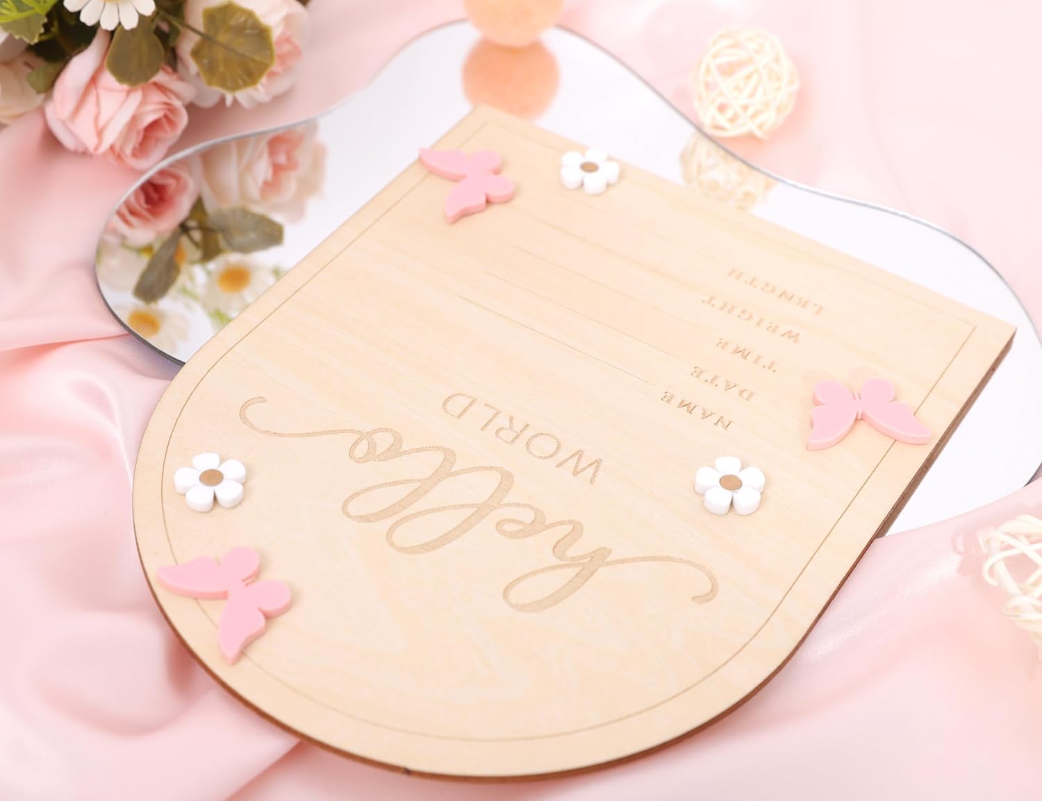 Hello World Newborn Sign - Baby Announcement Sign for Baby Showers, Pink Butterfly Newborn Birth Announcement Board, Daisy Wooden Milestone Card,Welcome.