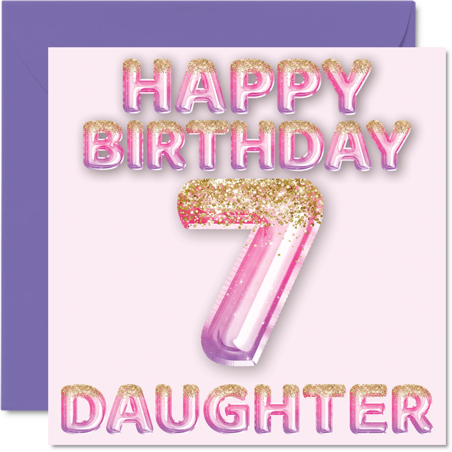7th Birthday Card for Daughter, Pink & Purple Glitter Balloons