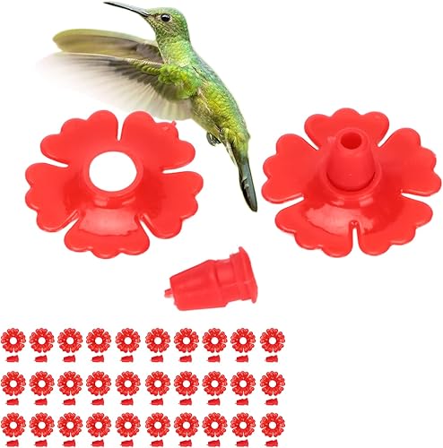 Miniatura 4 de TOPINCN Comedero para colibríes, 30 juegos de flores de plástico para colgar puertos de alimentación de pájaros, piezas de repuesto, suministros de