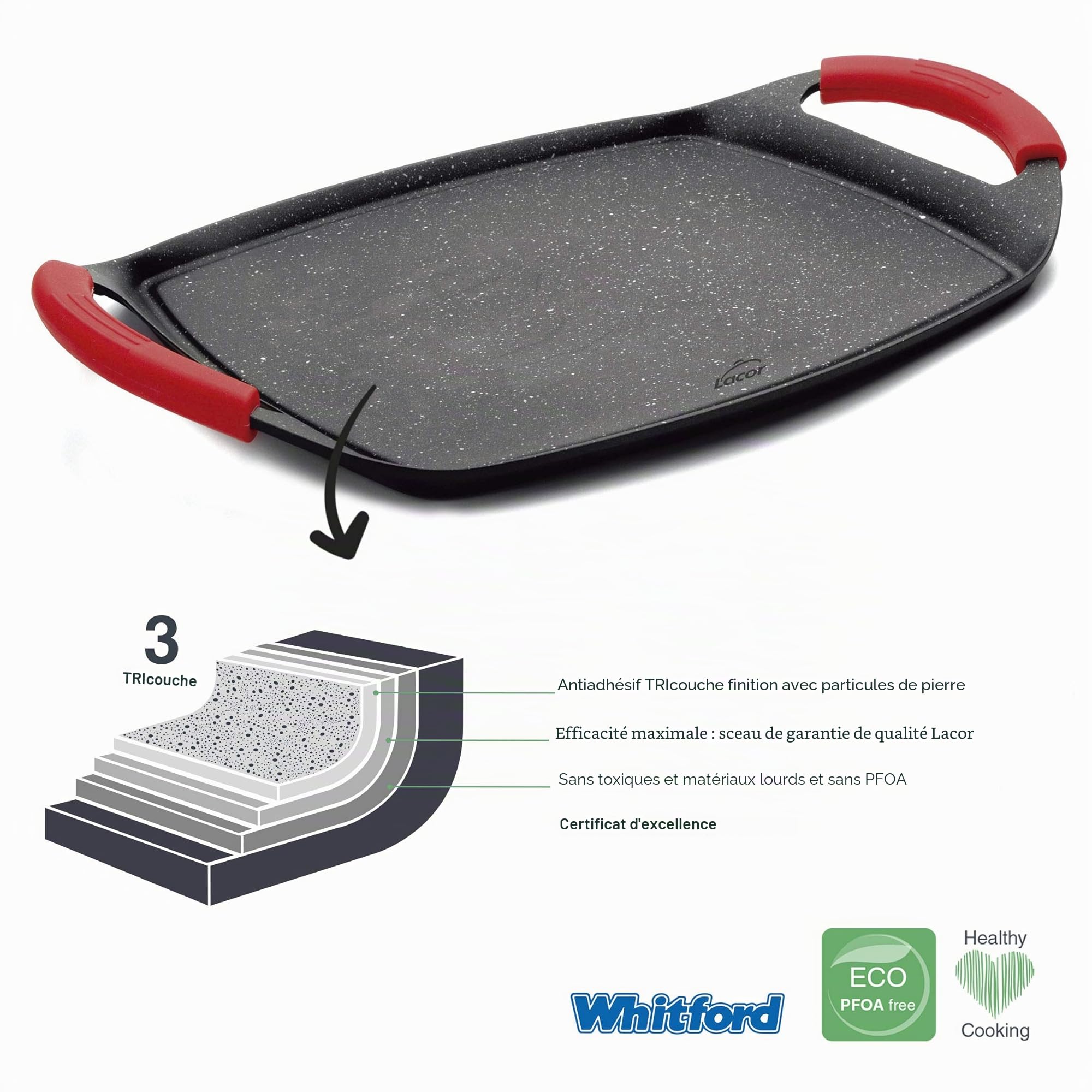 Lacor 25536 - Grill en pierre écologique 29x22,5 cm, aluminium coulé, Ful | Ustensile professionnel durable; conçu pour un rendement optimal y nettoyage rapide et facile au lave-vaisselle