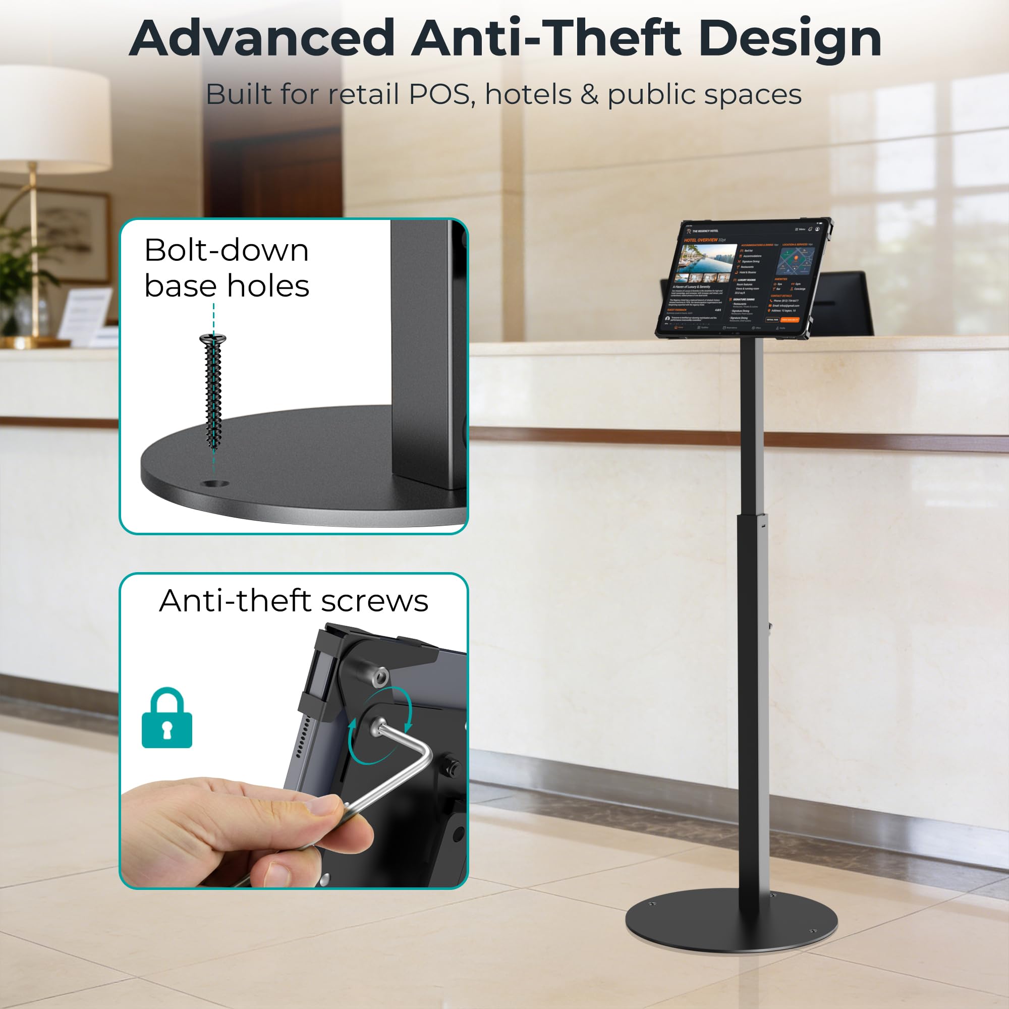 Diebstahlsicherer iPad Kiosk Ständer, Höhenverstellbarer Tablet Bodenständer Für POS Kasse, Halterung 10-14" iPad Pro 12.9 11 10.9, Galaxy Tab, Surface Pro, 360° Drehbar, Schwarz