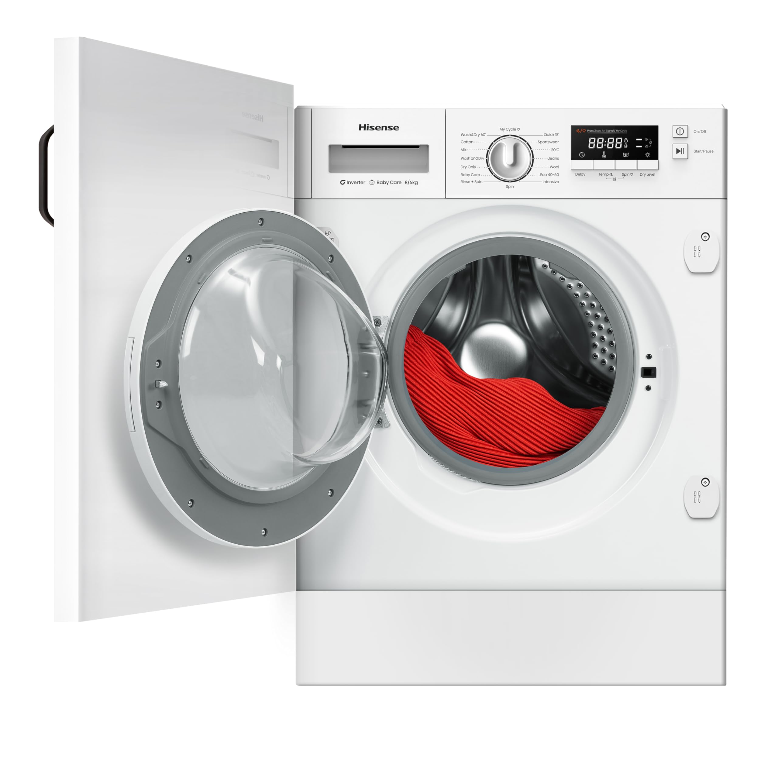 Hisense WD3M841BWIES - Lavasecadora, Clase E/B, 8kg/6 kg, Lavado Secado 1h, Pausar y Añadir, Finalización Diferida, Tecnología Inverter, Blanco