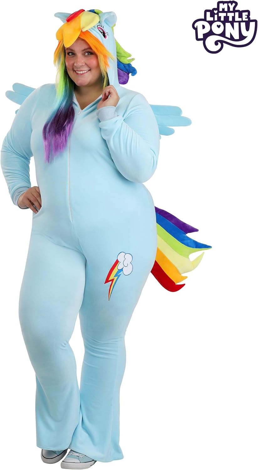 Plus Size My Little Pony Rainbow Dash Costume for Women - Includes Jumpsuit with Attached Hood, Tail, Mane, and Wings