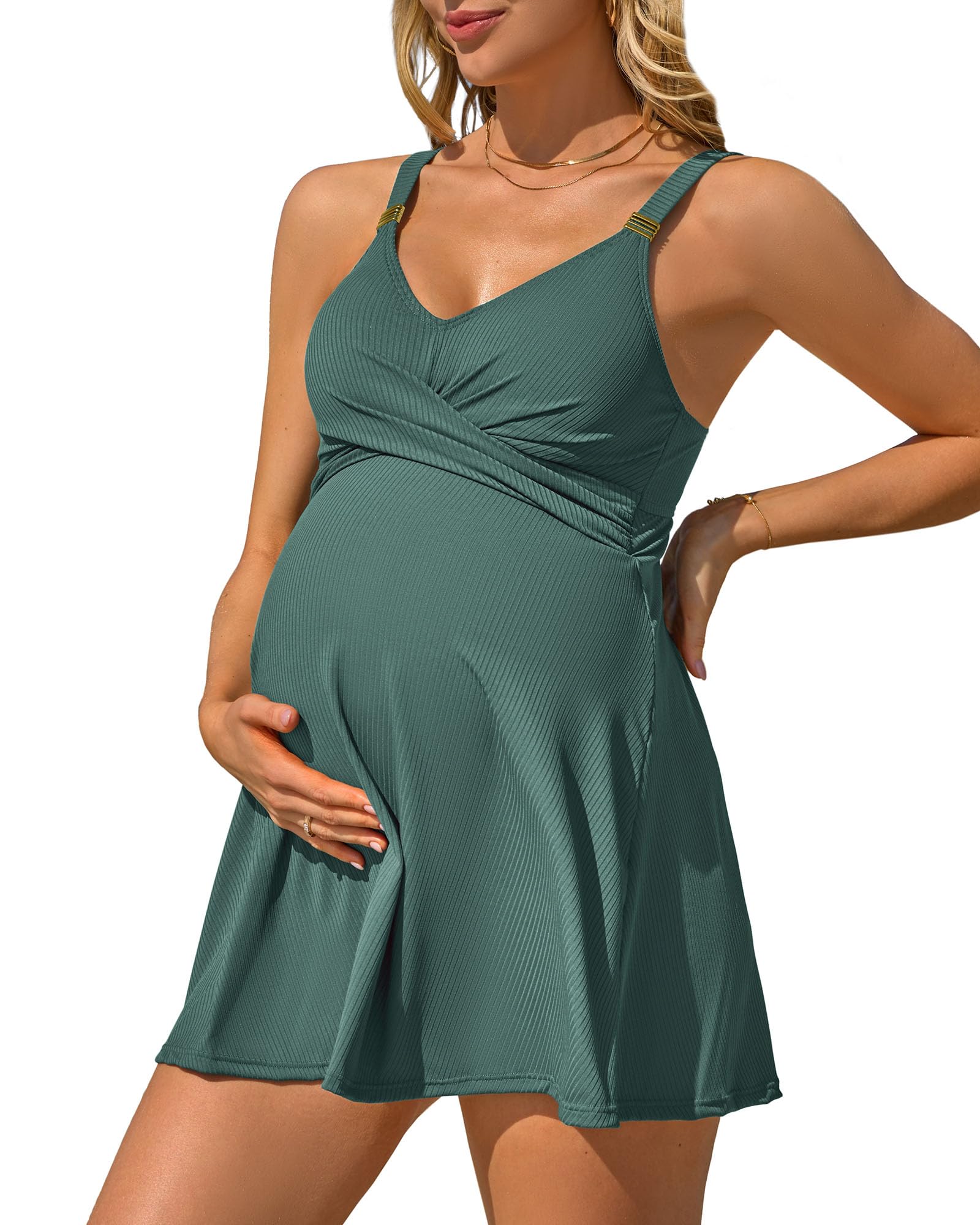 charmo Women Maternity Swimsuit Ribbed Pregnancy Swimwear Front Cross Supportive Swim Dress Cute Bathing Suit 2026-picture-34