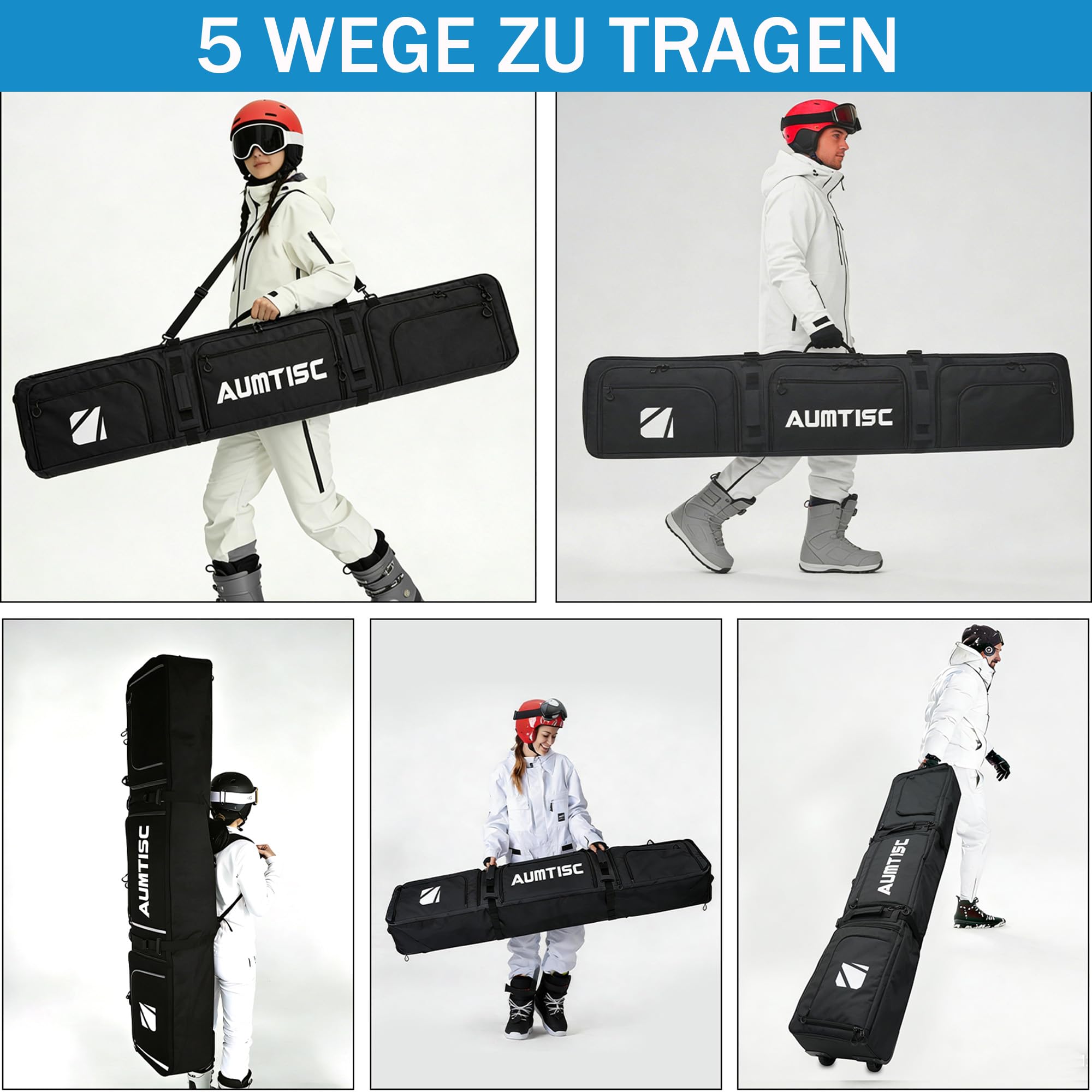 AUMTISC Bolsa de Snowboard con Ruedas Acolchada para Esquís 165-175 cm