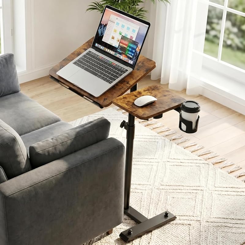 Aothia Small Standing Desk Rolling Table Adjustable Height, Laptop Mobile Stand with Wheels, Overbed Table, Portable Computer Workstation with Tiltable Desktop for Teacher Classroom Home Office, Brown