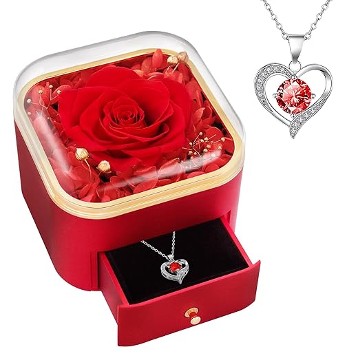 Beferr Gifts for Mom Preserved Real Rose with Red Necklace Eternal Roses Forever Flowers for Delivery Christmas Anniversary Birthday Mothers Day Flowers for Women Her Grandma Wife Daughter Girlfriend