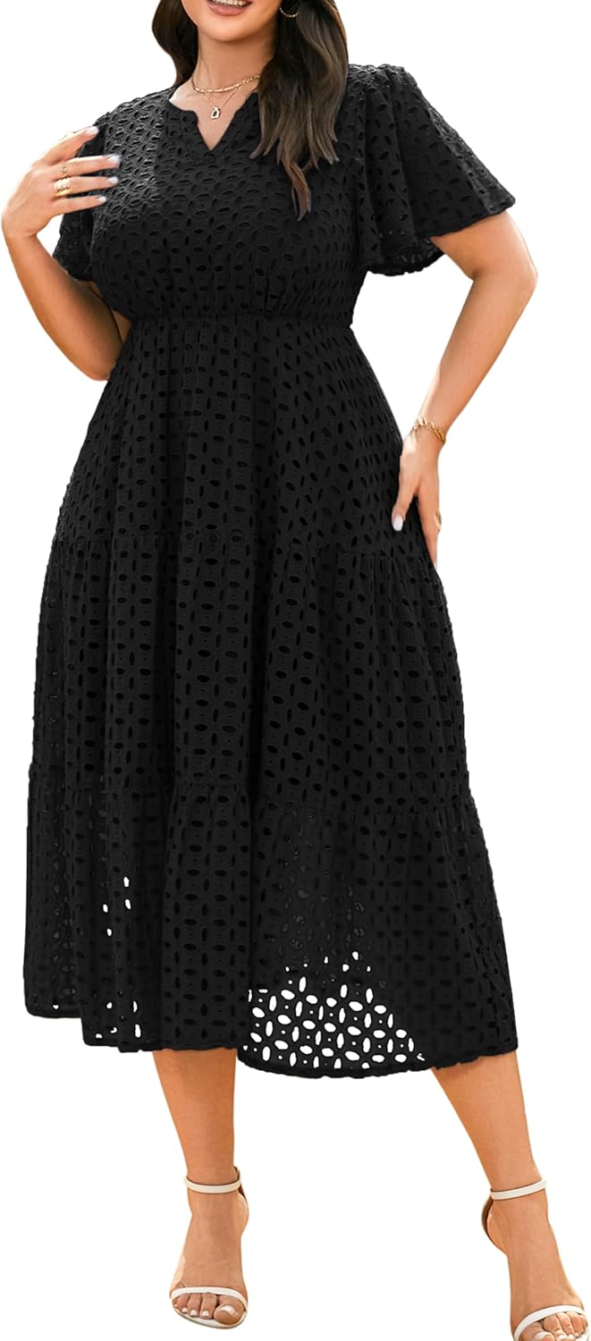 RWJ Womens 2026 Spring Plus Size Wedding Guest Dresses Short Sleeve V Neck Hollow Out Eyelet A Line Flowy Maxi Dress