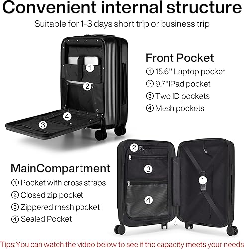 Miniatura 3 de Hanke equipaje de mano, Negro, carry on 20-Inch, Equipaje de mano mejorado con bolsillo frontal para laptop de 15.6 pulgadas