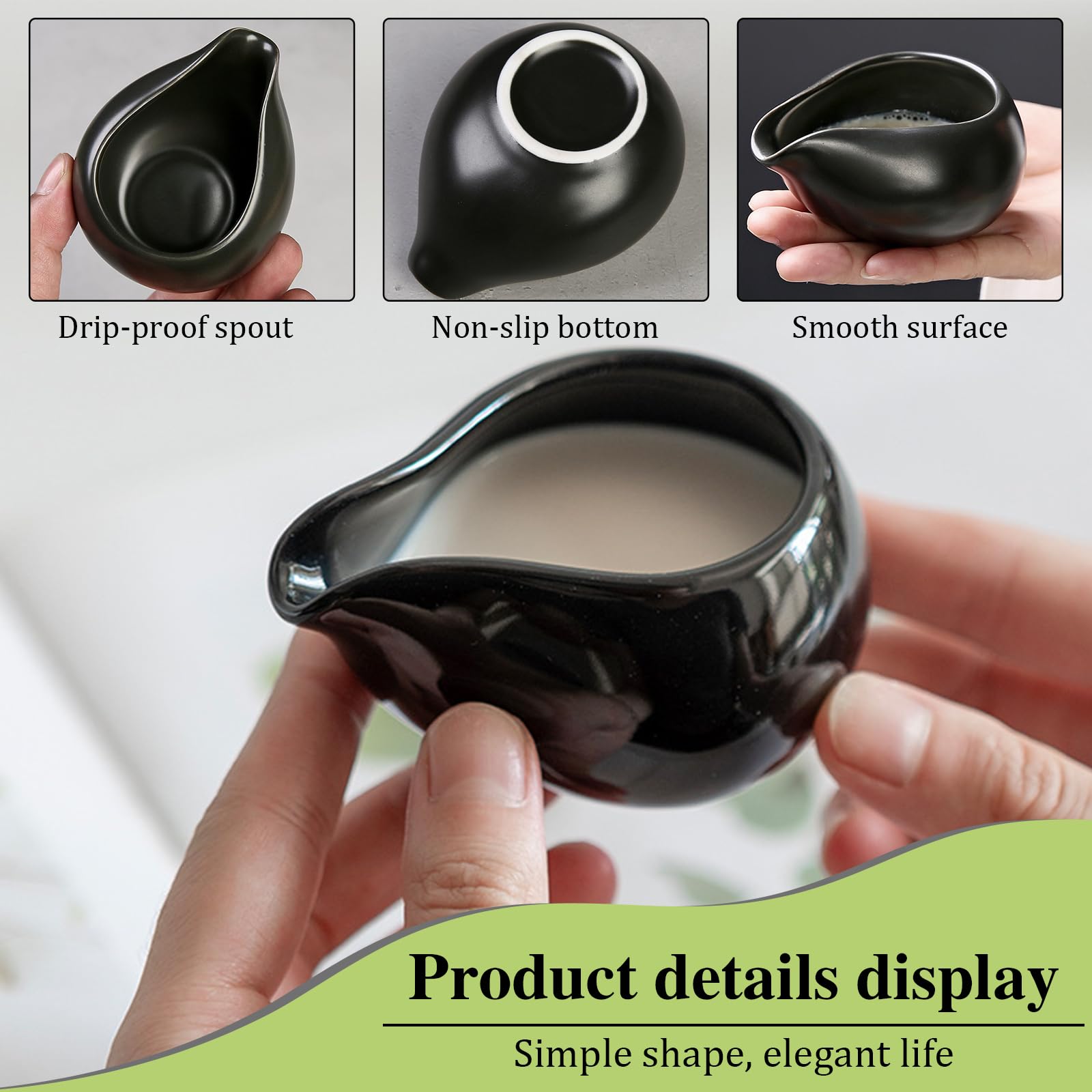 Sgphrzlt 2 Pack Mini Ceramic Creamer Pitcher for Milk Syrup, 3 Oz Small Gravy Boat, Porcelain Dipping Sauce Bowl Cup Container for Tea Coffee, Serving Dispenser Accessories, Black