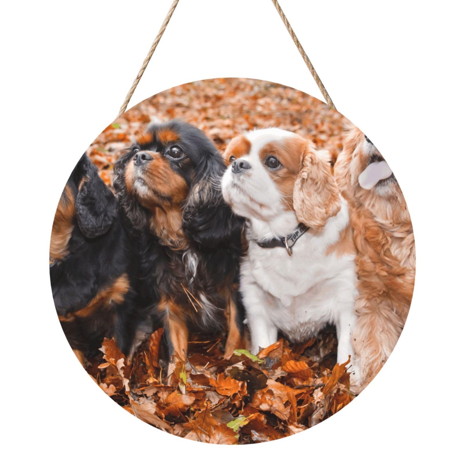 InOmak Cavalier King Charles Spaniel Autumn Puppies, Round Wood Panel Painting 12 in, Wall Hanging Painting For Home
