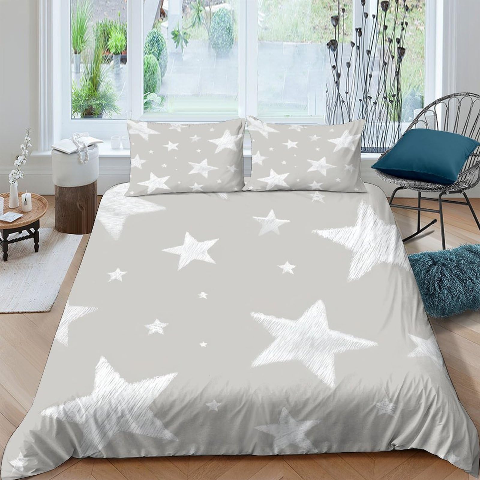 GPLZQXKJNH 3D Printed Grey Star Pattern Duvet Cover Microfiber Bedding Set with 2 Pillowcases for Bedroom Decor, Single（135x200cm）