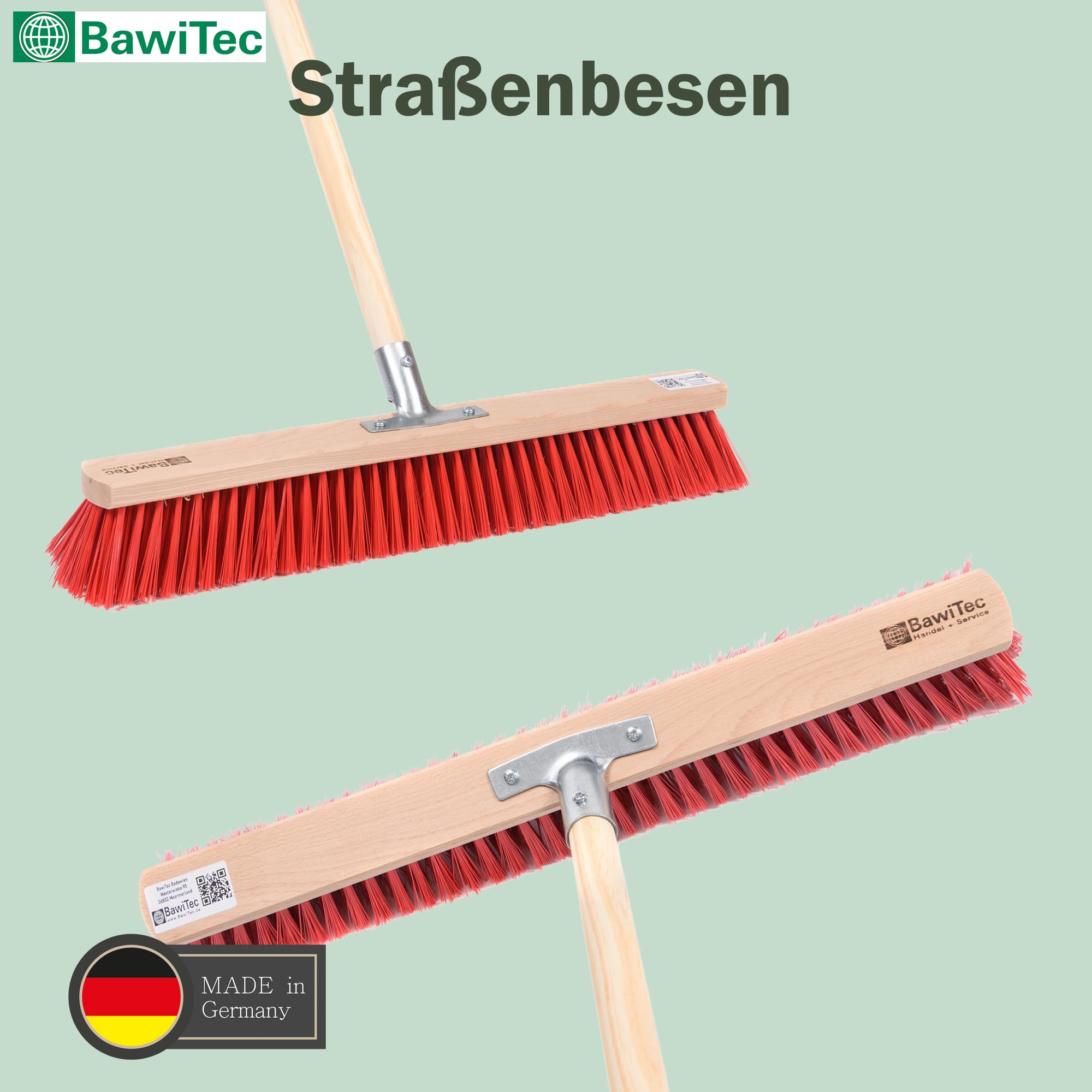 Profi Straßenbesen 60cm Breit mit Stiel 160cm rote Borsten Besen Holzstiel | Metall-Stielhalter Verschraubt, Elaston-Kunststoffborsten, Rot, Kehrbesen für Draußen
